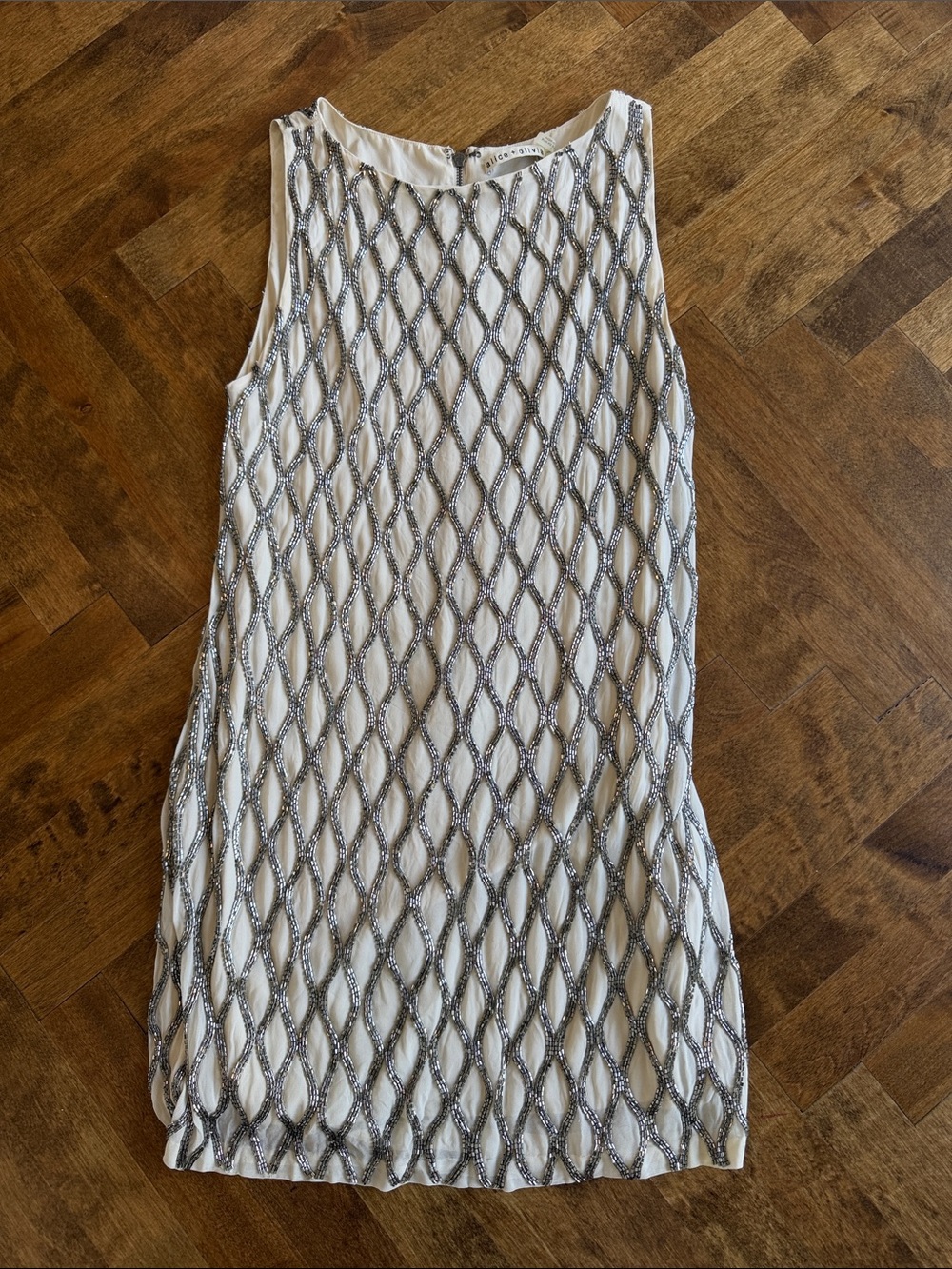 Alice + Olivia White Sleeveless Beaded Mini Dress